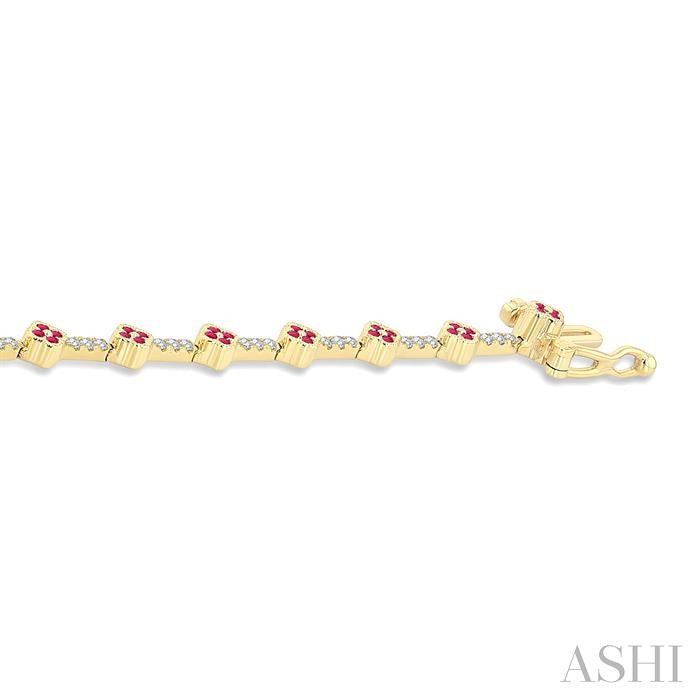 1 MM Round Shape Ruby and 1/2 Ctw Clover Leaf & Bar Link Round Cut Diamond Precious Bracelet in 14K Yellow Gold