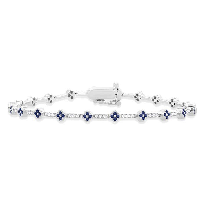 1 MM Round Shape Sapphire and 1/2 Ctw Clover Leaf & Bar Link Round Cut Diamond Precious Bracelet in 14K White Gold