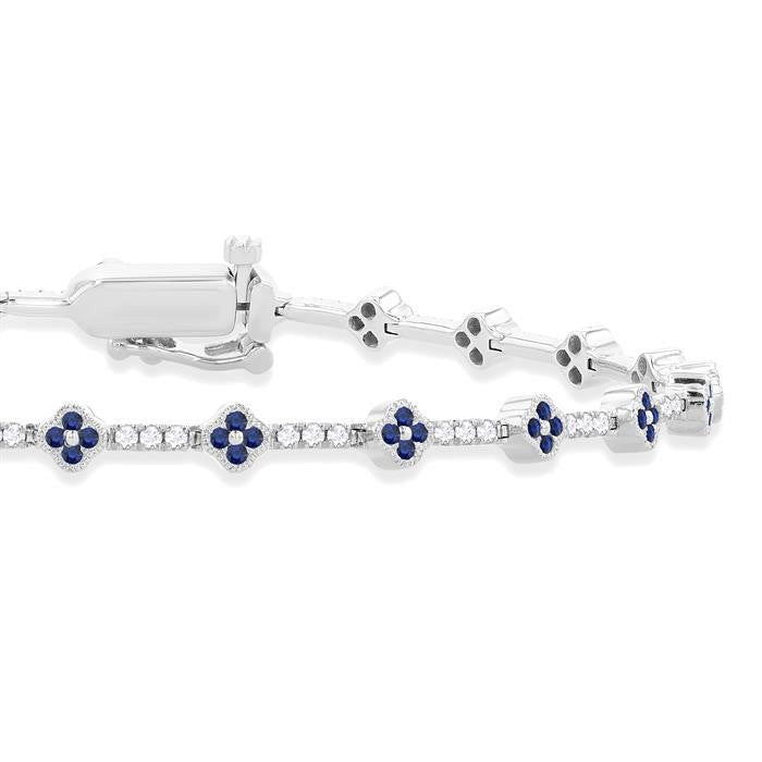 1 MM Round Shape Sapphire and 1/2 Ctw Clover Leaf & Bar Link Round Cut Diamond Precious Bracelet in 14K White Gold