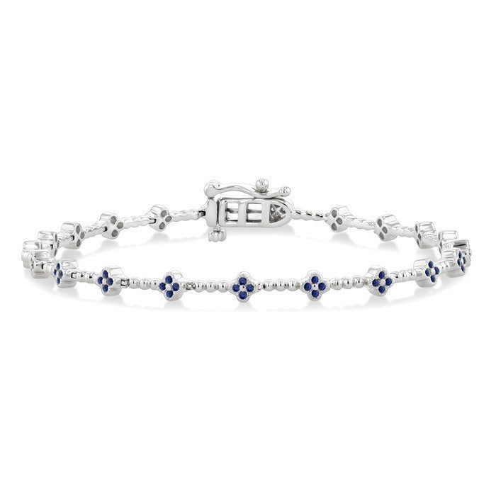 1 MM Round Cut Sapphire Clover and Bead Bijoux Link Precious Tennis Bracelet in 14K White Gold