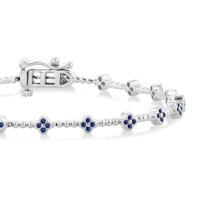1 MM Round Cut Sapphire Clover and Bead Bijoux Link Precious Tennis Bracelet in 14K White Gold