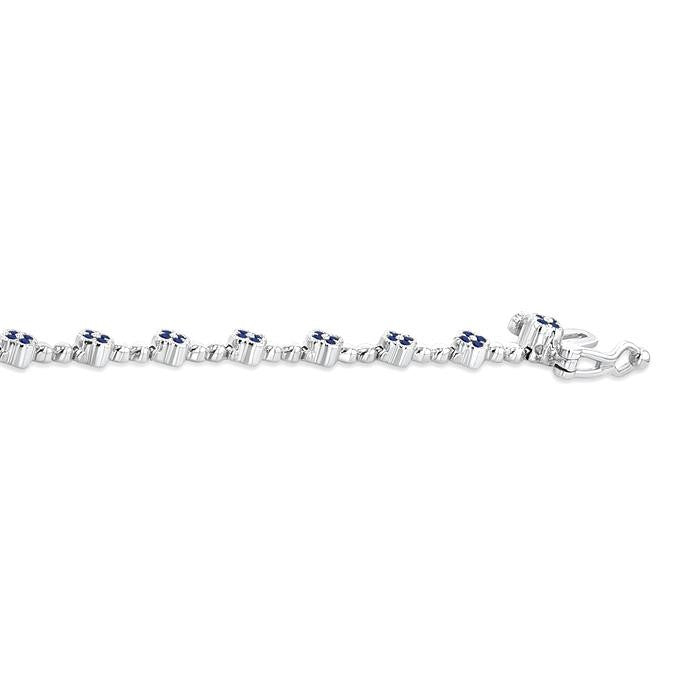 1 MM Round Cut Sapphire Clover and Bead Bijoux Link Precious Tennis Bracelet in 14K White Gold
