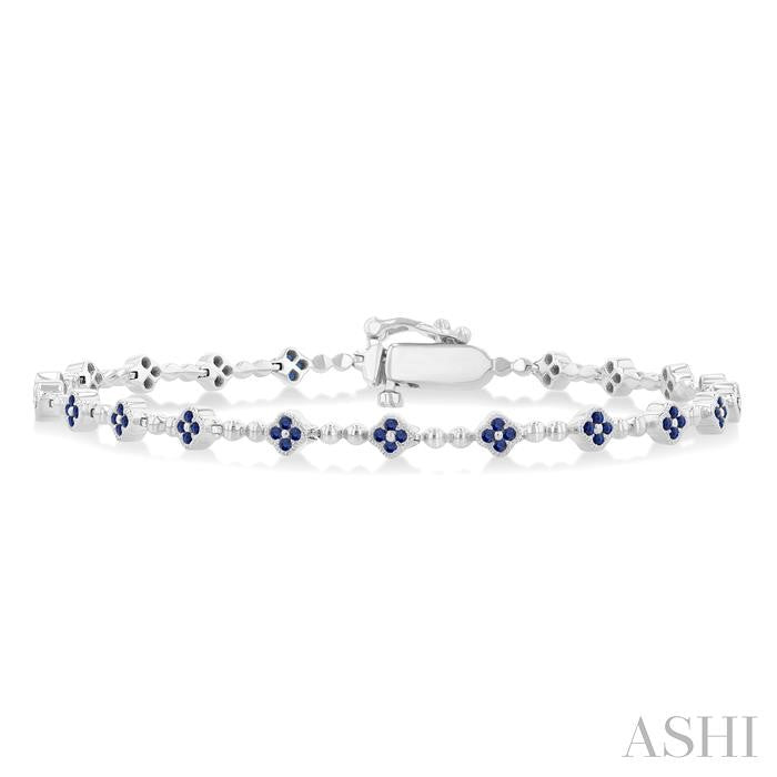 1 MM Round Cut Sapphire Clover and Bead Bijoux Link Precious Tennis Bracelet in 14K White Gold