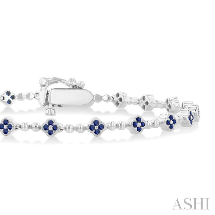 1 MM Round Cut Sapphire Clover and Bead Bijoux Link Precious Tennis Bracelet in 14K White Gold