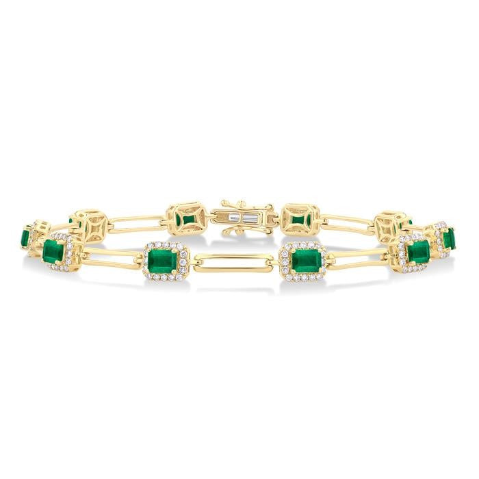 4x3 MM Emerald and 5/8 Ctw Round Cut Diamond Halo Precious Open Link Bracelet in 14K Yellow Gold