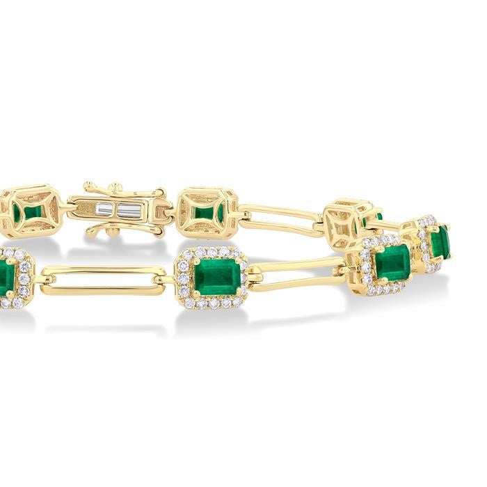 4x3 MM Emerald and 5/8 Ctw Round Cut Diamond Halo Precious Open Link Bracelet in 14K Yellow Gold