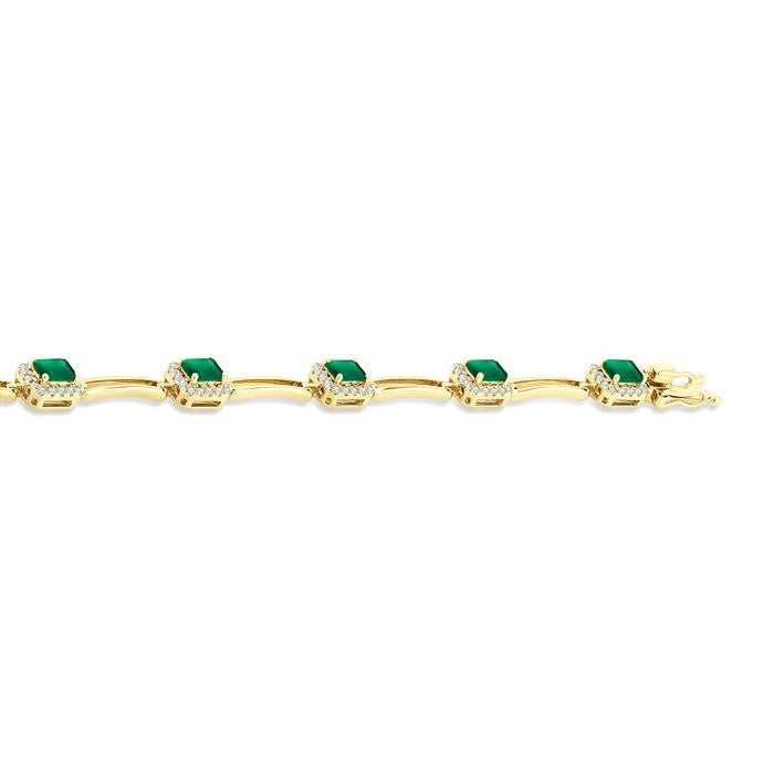 4x3 MM Emerald and 5/8 Ctw Round Cut Diamond Halo Precious Open Link Bracelet in 14K Yellow Gold