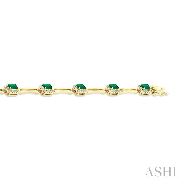 4x3 MM Emerald and 5/8 Ctw Round Cut Diamond Halo Precious Open Link Bracelet in 14K Yellow Gold