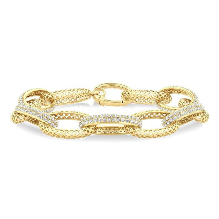 3 Ctw Open Window Oval Link Round Cut Diamond Aeris Gold Bold Bracelet in 14K Yellow Gold