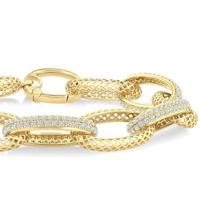 3 Ctw Open Window Oval Link Round Cut Diamond Aeris Gold Bold Bracelet in 14K Yellow Gold