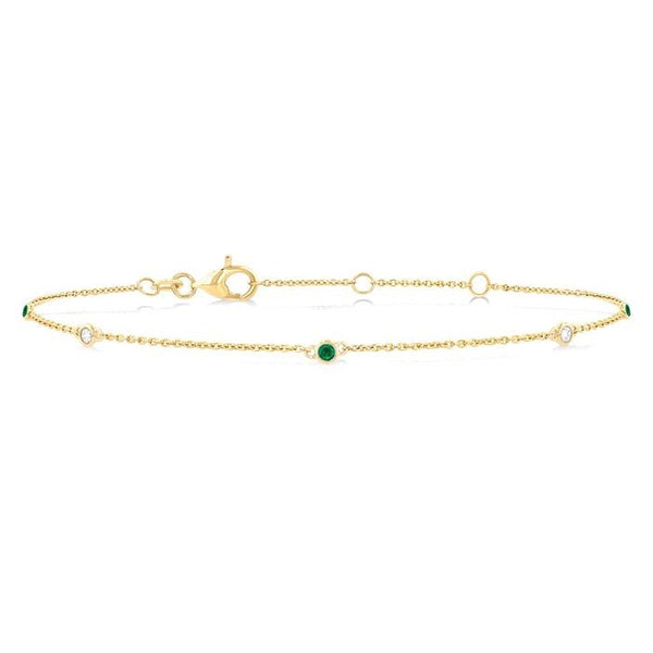 1.75 MM Emerald and 1/20 Ctw Round Cut Diamond Precious Station Bracelet in 14K Yellow Gold