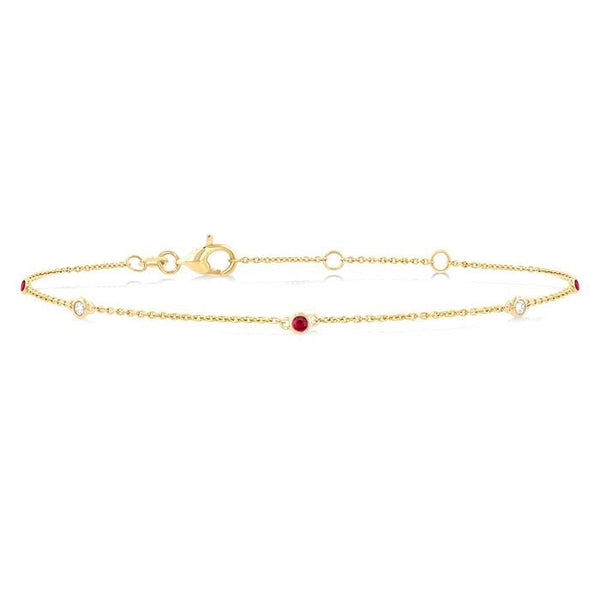 1.75 MM Ruby and 1/20 Ctw Round Cut Diamond Precious Station Bracelet in 14K Yellow Gold