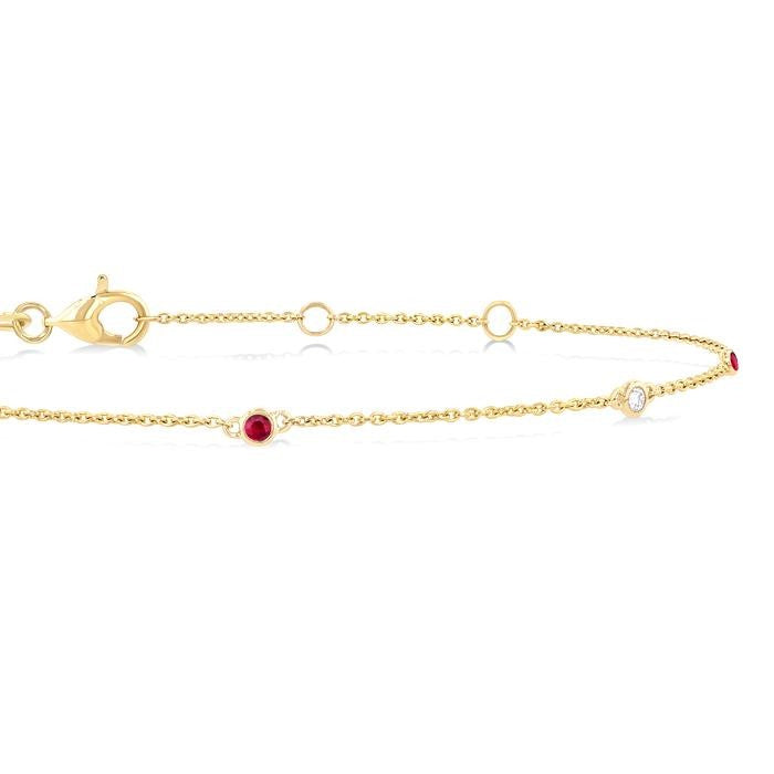 1.75 MM Ruby and 1/20 Ctw Round Cut Diamond Precious Station Bracelet in 14K Yellow Gold