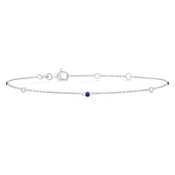 1.75 MM Sapphire and 1/20 Ctw Round Cut Diamond Precious Station Bracelet in 14K White Gold