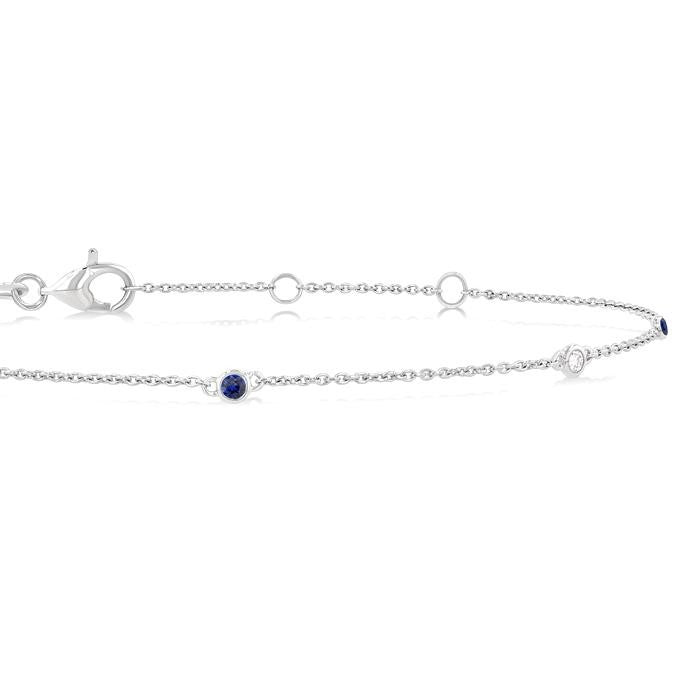 1.75 MM Sapphire and 1/20 Ctw Round Cut Diamond Precious Station Bracelet in 14K White Gold