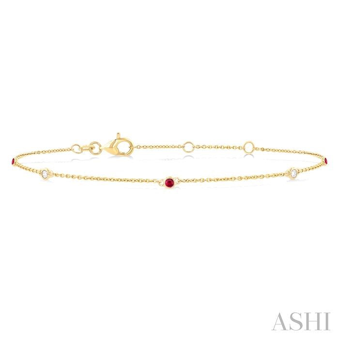 1.75 MM Ruby and 1/20 Ctw Round Cut Diamond Precious Station Bracelet in 14K Yellow Gold