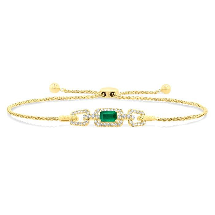 1/4 Ctw 5X3MM Octagon Shape Emerald and Round Cut Diamond Precious Rectangular Open Link Lariat Bracelet in 14K Yellow Gold