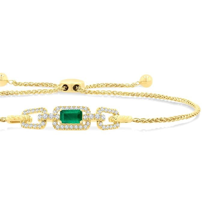 1/4 Ctw 5X3MM Octagon Shape Emerald and Round Cut Diamond Precious Rectangular Open Link Lariat Bracelet in 14K Yellow Gold