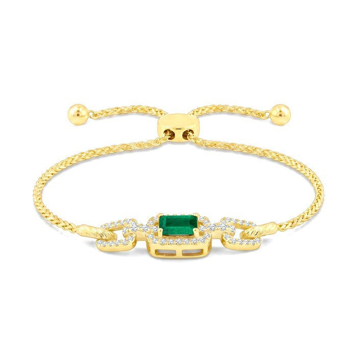 1/4 Ctw 5X3MM Octagon Shape Emerald and Round Cut Diamond Precious Rectangular Open Link Lariat Bracelet in 14K Yellow Gold