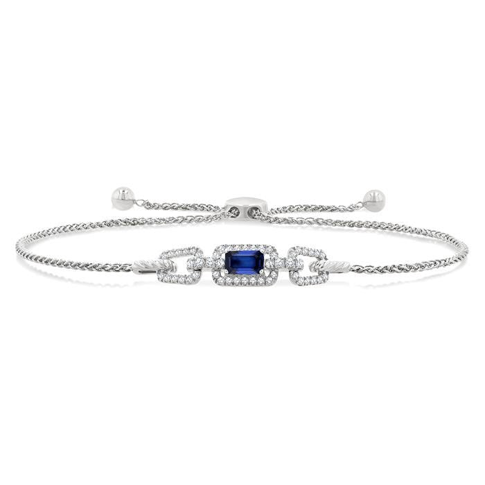 1/4 Ctw 5X3 MM Octagon Shape Sapphire and Round Cut Diamond Precious Rectangular Open Link Lariat Bracelet in 14K White Gold