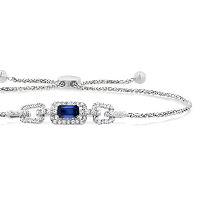 1/4 Ctw 5X3 MM Octagon Shape Sapphire and Round Cut Diamond Precious Rectangular Open Link Lariat Bracelet in 14K White Gold