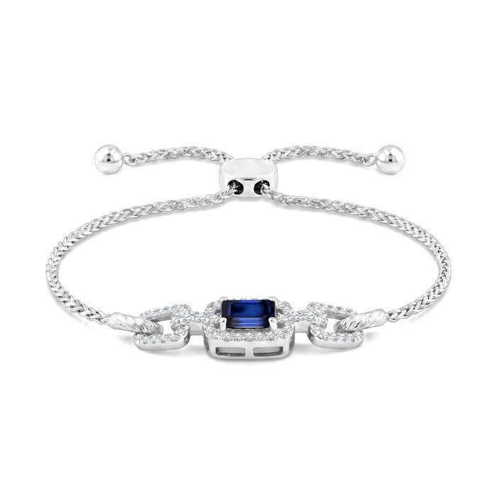 1/4 Ctw 5X3 MM Octagon Shape Sapphire and Round Cut Diamond Precious Rectangular Open Link Lariat Bracelet in 14K White Gold