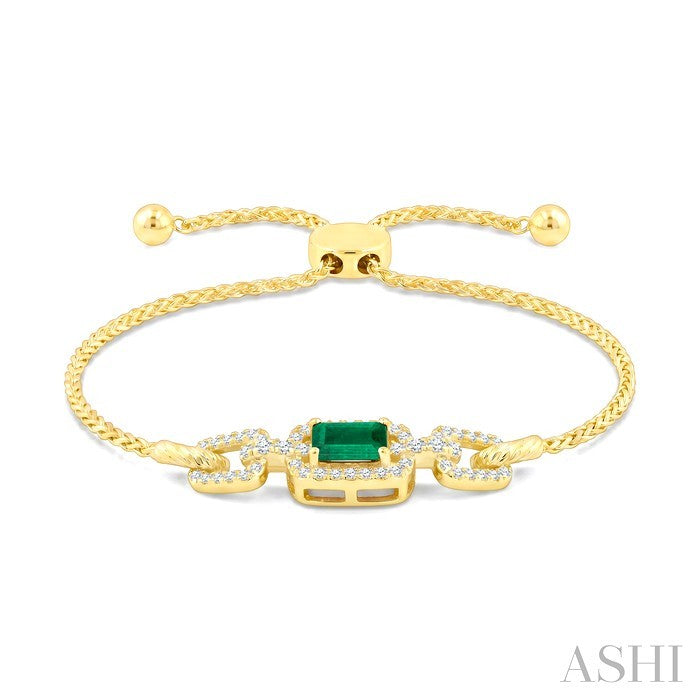 1/4 Ctw 5X3MM Octagon Shape Emerald and Round Cut Diamond Precious Rectangular Open Link Lariat Bracelet in 14K Yellow Gold