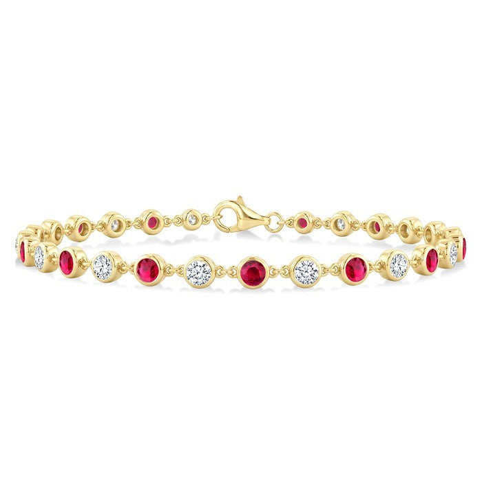 2.7 MM Round shape Ruby and 1 Ctw Round Cut Diamond Precious Station Bracelet in 14K Yellow Gold