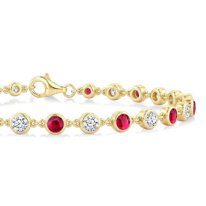 2.7 MM Round shape Ruby and 1 Ctw Round Cut Diamond Precious Station Bracelet in 14K Yellow Gold