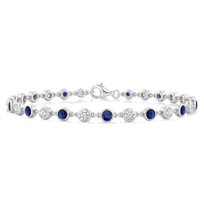 2.7 MM Round shape Sapphire and 1 Ctw Round Cut Diamond Precious Station Bracelet in 14K White Gold