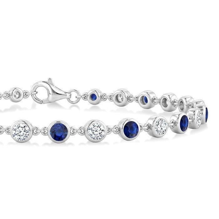 2.7 MM Round shape Sapphire and 1 Ctw Round Cut Diamond Precious Station Bracelet in 14K White Gold