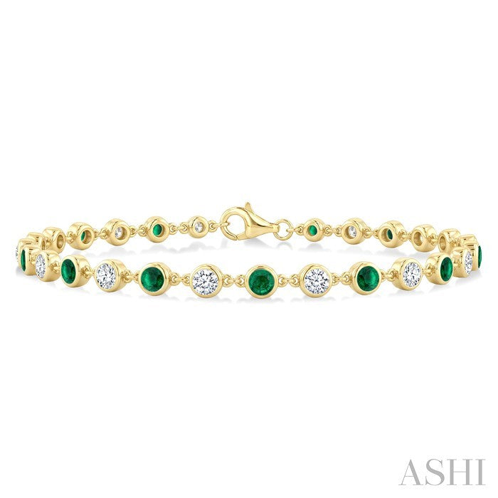 2.7 MM Round shape Emerald and 1 Ctw Round Cut Diamond Precious Station Bracelet in 14K Yellow Gold