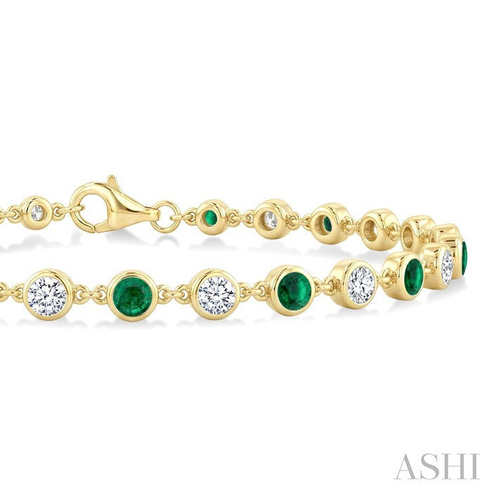 2.7 MM Round shape Emerald and 1 Ctw Round Cut Diamond Precious Station Bracelet in 14K Yellow Gold