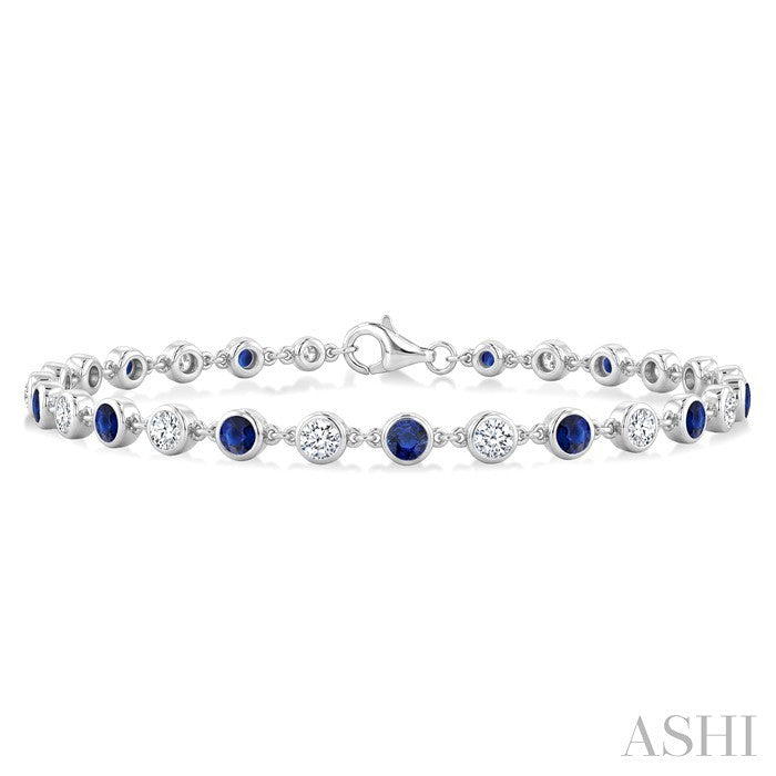 2.7 MM Round shape Sapphire and 1 Ctw Round Cut Diamond Precious Station Bracelet in 14K White Gold