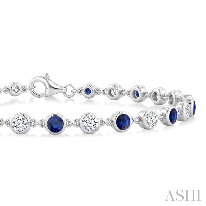 2.7 MM Round shape Sapphire and 1 Ctw Round Cut Diamond Precious Station Bracelet in 14K White Gold