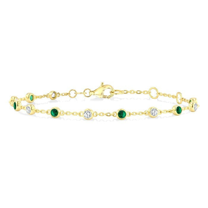 2.40 MM Round Shape Emerald and 1/3 Ctw Bezel Set Round Cut Diamond Precious Station Bracelet in 14K Yellow Gold