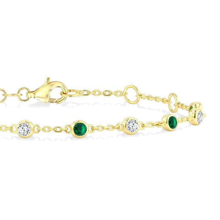 2.40 MM Round Shape Emerald and 1/3 Ctw Bezel Set Round Cut Diamond Precious Station Bracelet in 14K Yellow Gold