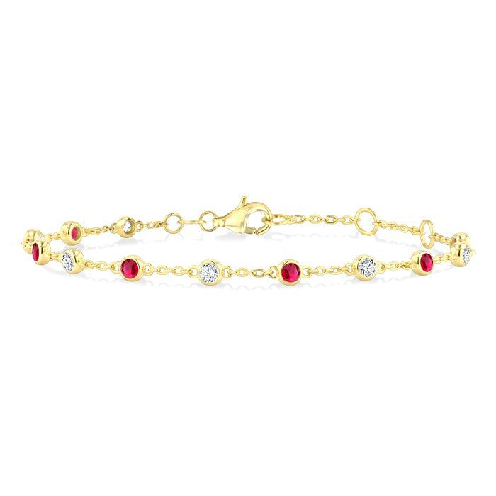 2.40 MM Round Shape Ruby and 1/3 Ctw Bezel Set Round Cut Diamond Precious Station Bracelet in 14K Yellow Gold