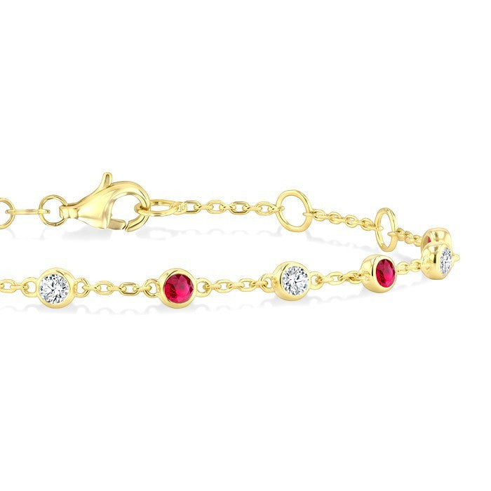 2.40 MM Round Shape Ruby and 1/3 Ctw Bezel Set Round Cut Diamond Precious Station Bracelet in 14K Yellow Gold