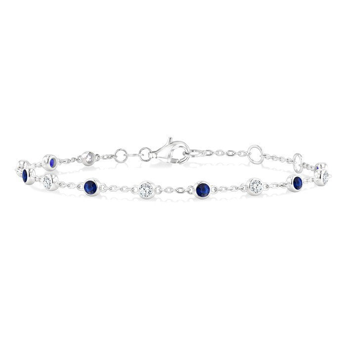2.40 MM Round Shape Sapphire and 1/3 Ctw Bezel Set Round Cut Diamond Precious Station Bracelet in 14K White Gold
