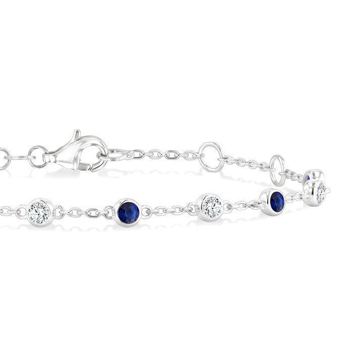 2.40 MM Round Shape Sapphire and 1/3 Ctw Bezel Set Round Cut Diamond Precious Station Bracelet in 14K White Gold