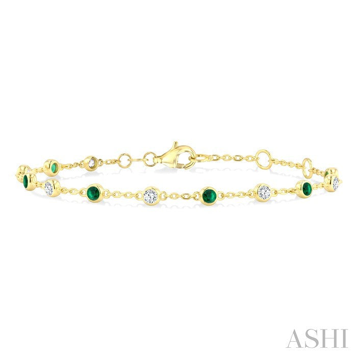 2.40 MM Round Shape Emerald and 1/3 Ctw Bezel Set Round Cut Diamond Precious Station Bracelet in 14K Yellow Gold