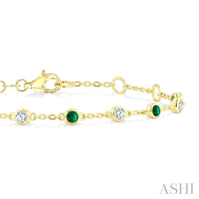 2.40 MM Round Shape Emerald and 1/3 Ctw Bezel Set Round Cut Diamond Precious Station Bracelet in 14K Yellow Gold