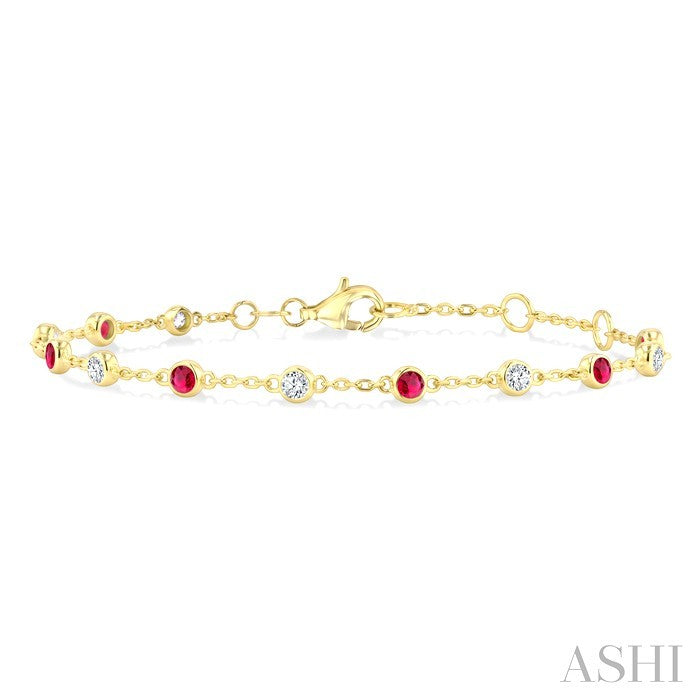 2.40 MM Round Shape Ruby and 1/3 Ctw Bezel Set Round Cut Diamond Precious Station Bracelet in 14K Yellow Gold