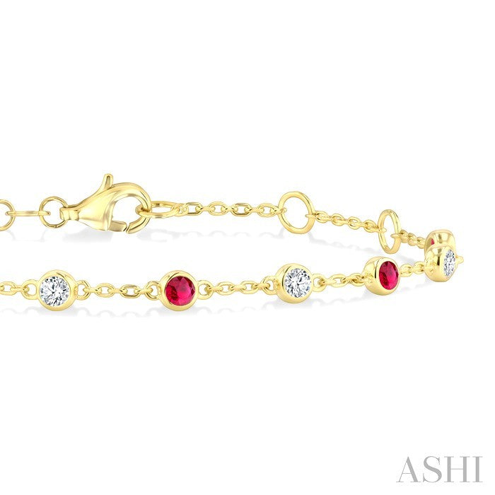 2.40 MM Round Shape Ruby and 1/3 Ctw Bezel Set Round Cut Diamond Precious Station Bracelet in 14K Yellow Gold