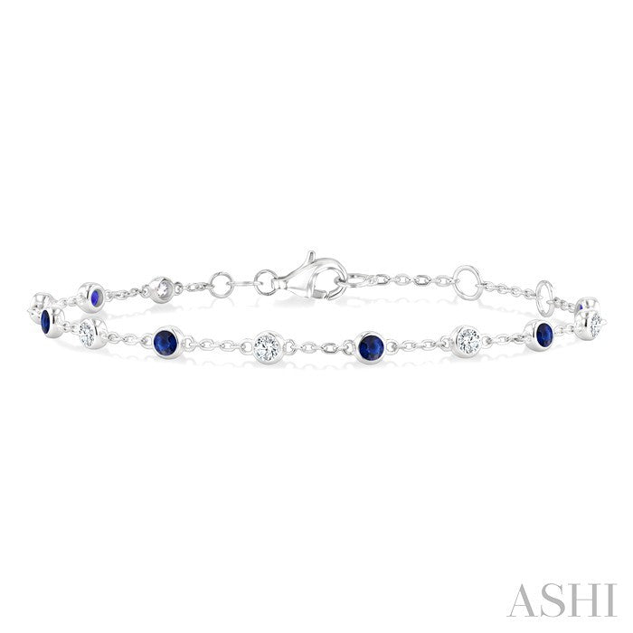 2.40 MM Round Shape Sapphire and 1/3 Ctw Bezel Set Round Cut Diamond Precious Station Bracelet in 14K White Gold