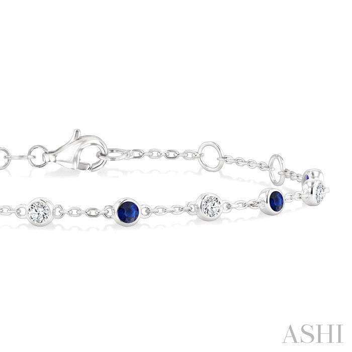 2.40 MM Round Shape Sapphire and 1/3 Ctw Bezel Set Round Cut Diamond Precious Station Bracelet in 14K White Gold