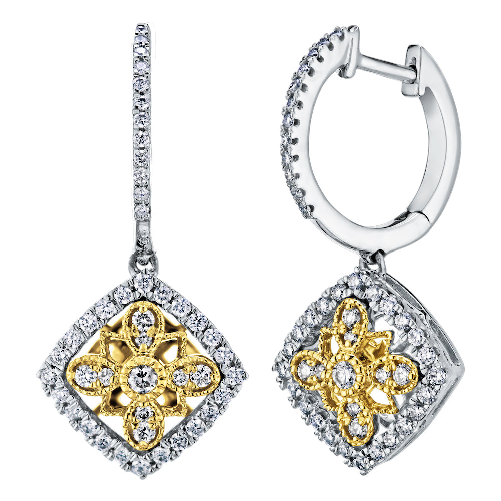 Diamond Cushion Shaped Two Tone Hoop With Dangle Charm Earrings