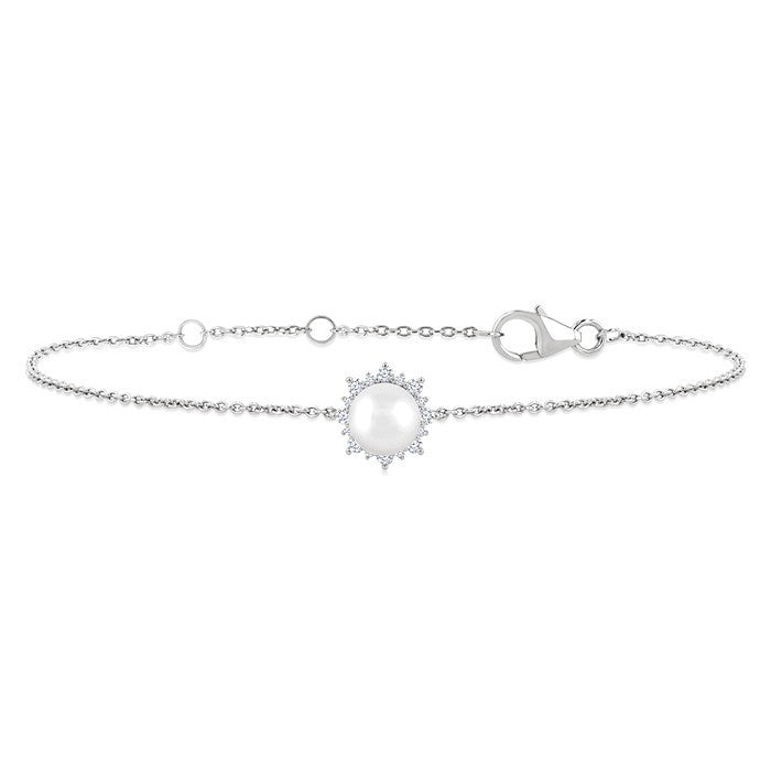 6 MM Round Shape Cultured Pearl and 1/10 Ctw Petite Round Cut Diamond Halo Bracelet in 10K White Gold