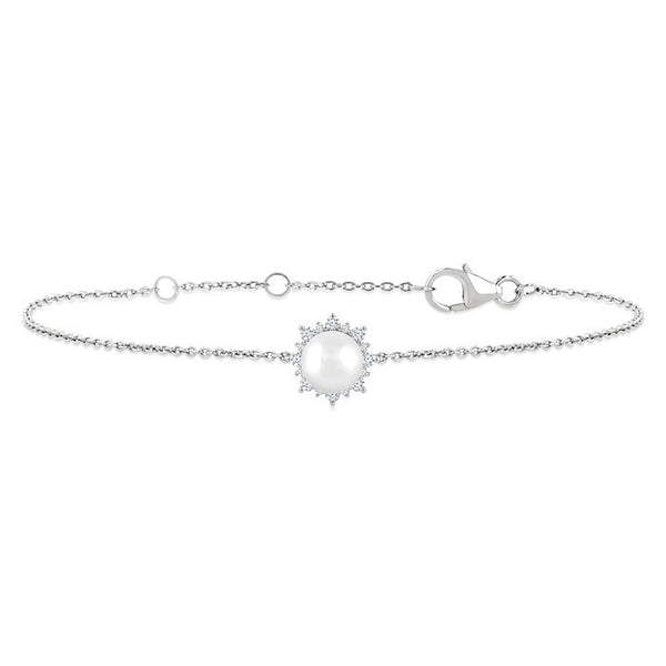 6 MM Round Shape Cultured Pearl and 1/10 Ctw Petite Round Cut Diamond Halo Bracelet in 10K White Gold